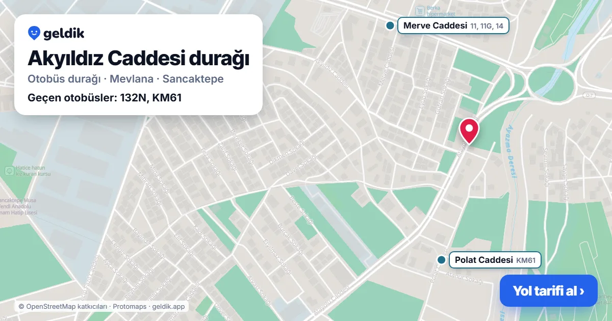Akyıldız Caddesi otobüs durağı haritada: konumu ve yakındaki duraklar