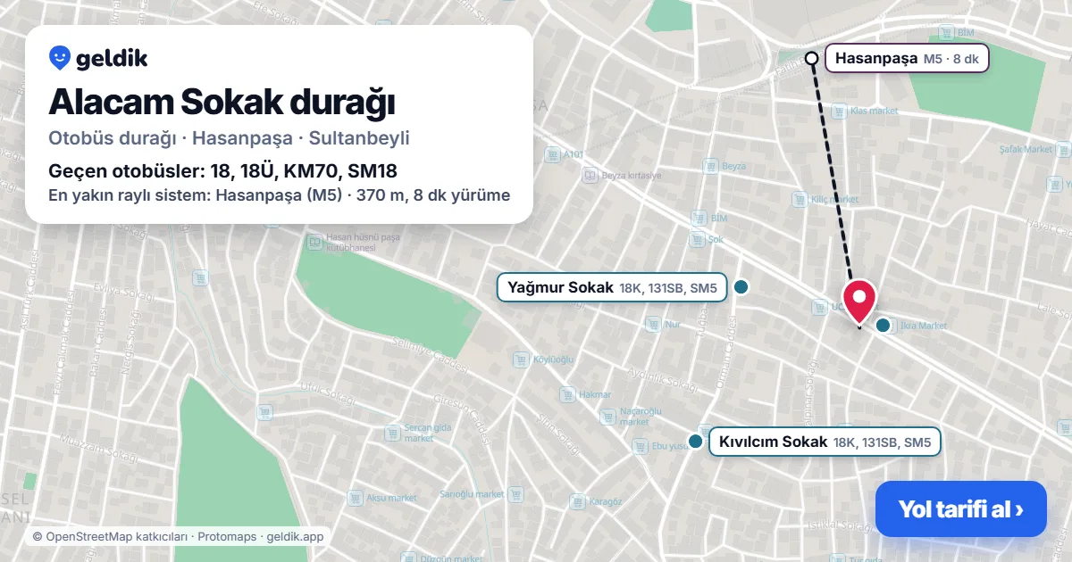 Alacam Sokak otobüs durağı haritada: konumu ve yakındaki duraklar