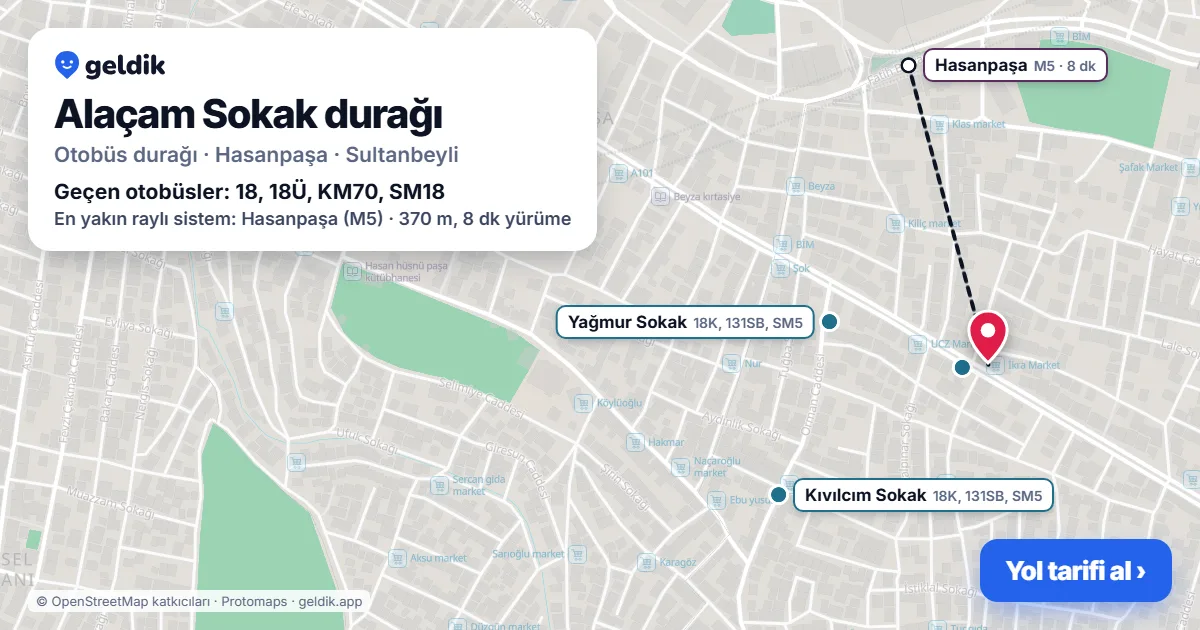 Alaçam Sokak otobüs durağı haritada: konumu ve yakındaki duraklar