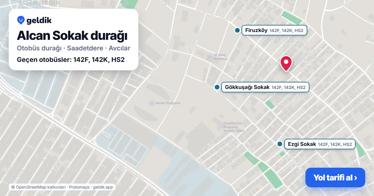 Alcan Sokak otobüs durağı haritada: konumu ve yakındaki duraklar