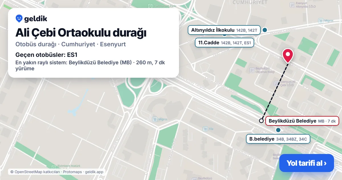Ali Çebi Ortaokulu otobüs durağı haritada: konumu ve yakındaki duraklar