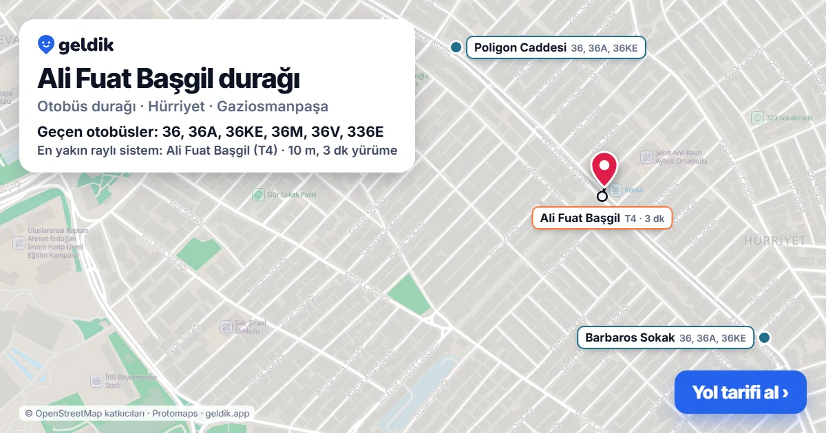 Ali Fuat Başgil otobüs durağı haritada: konumu ve yakındaki duraklar