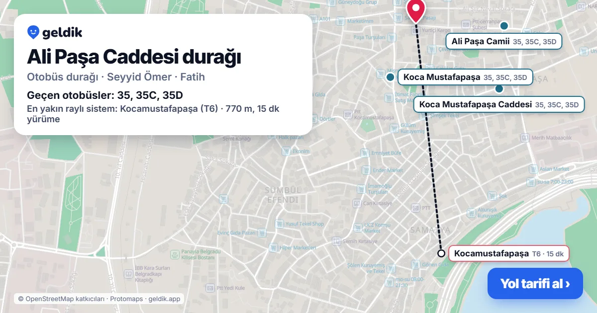 Ali Paşa Caddesi otobüs durağı haritada: konumu ve yakındaki duraklar