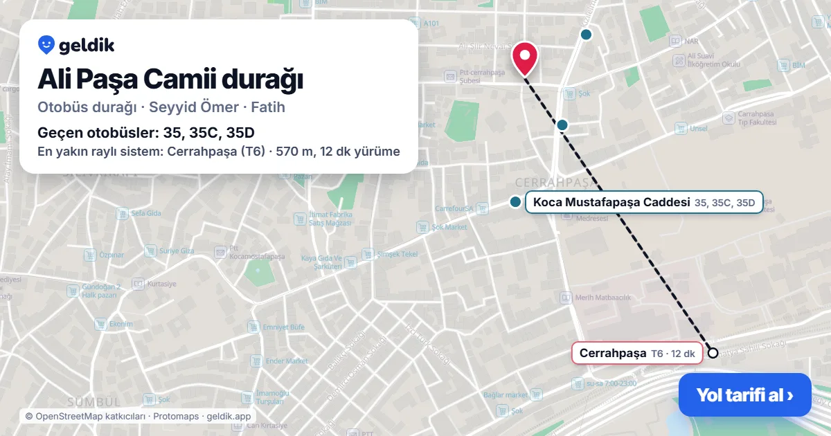 Ali Paşa Camii otobüs durağı haritada: konumu ve yakındaki duraklar