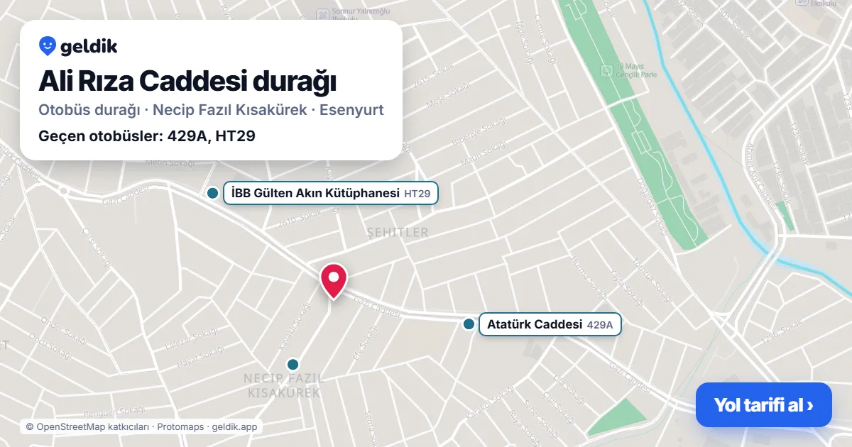 Ali Rıza Caddesi otobüs durağı haritada: konumu ve yakındaki duraklar