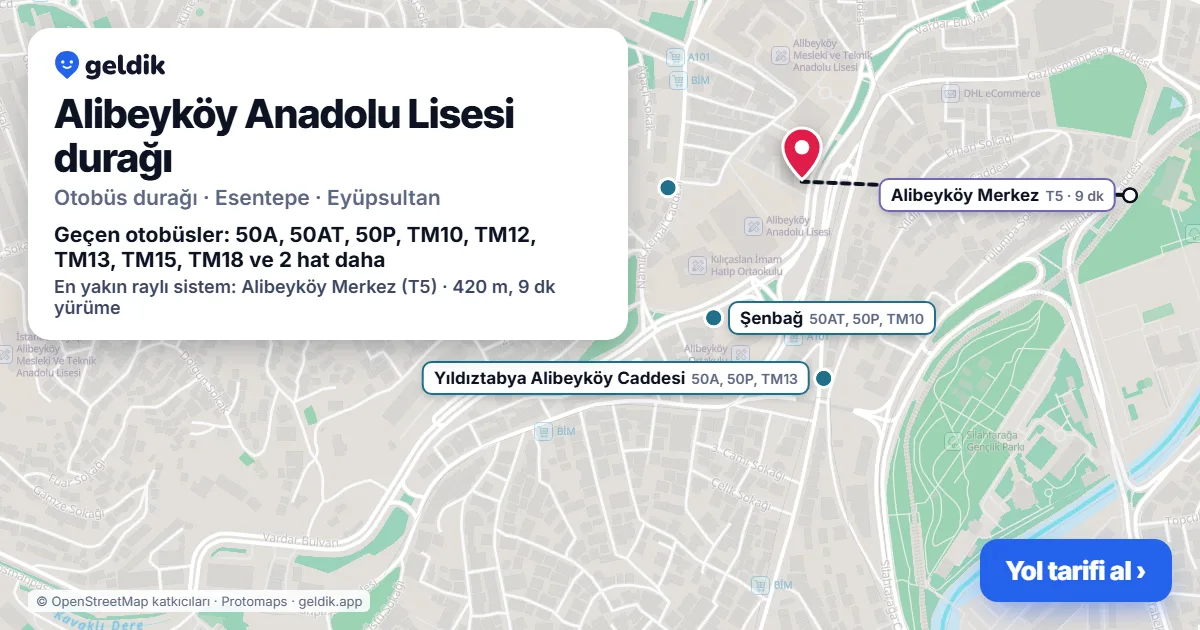 Alibeyköy Anadolu Lisesi otobüs durağı haritada: konumu ve yakındaki duraklar