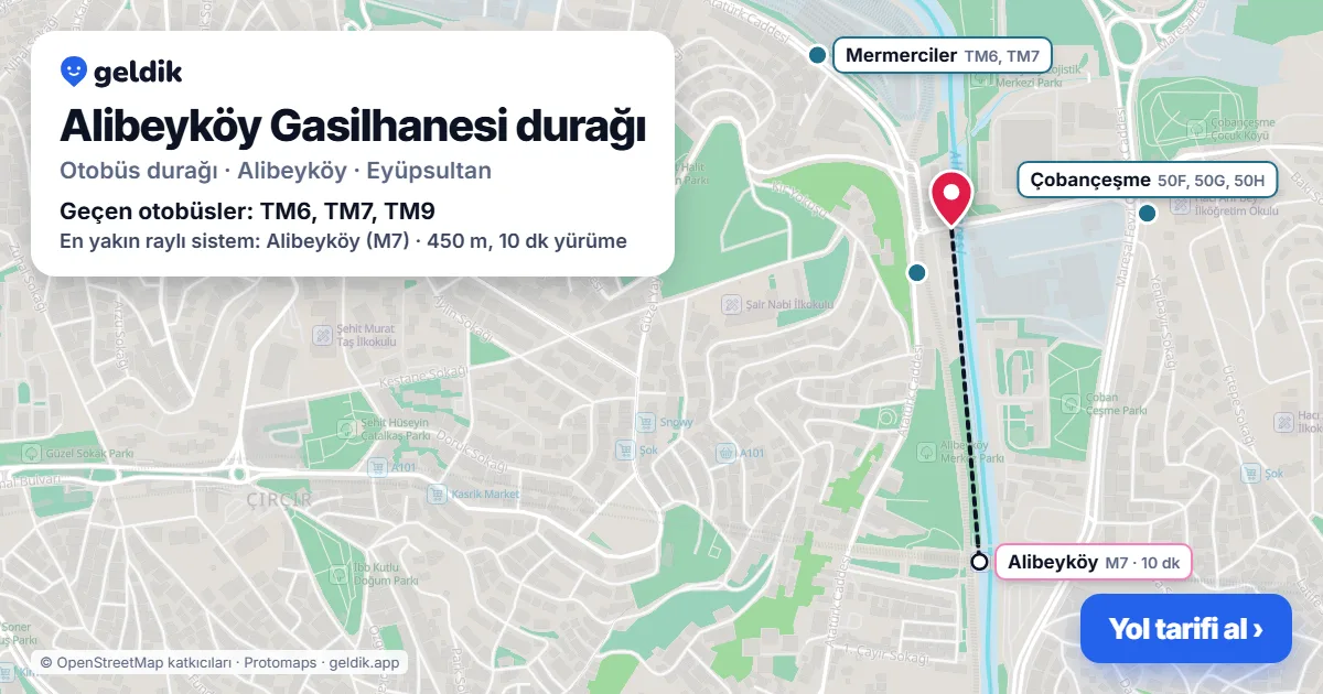 Alibeyköy Gasilhanesi otobüs durağı haritada: konumu ve yakındaki duraklar