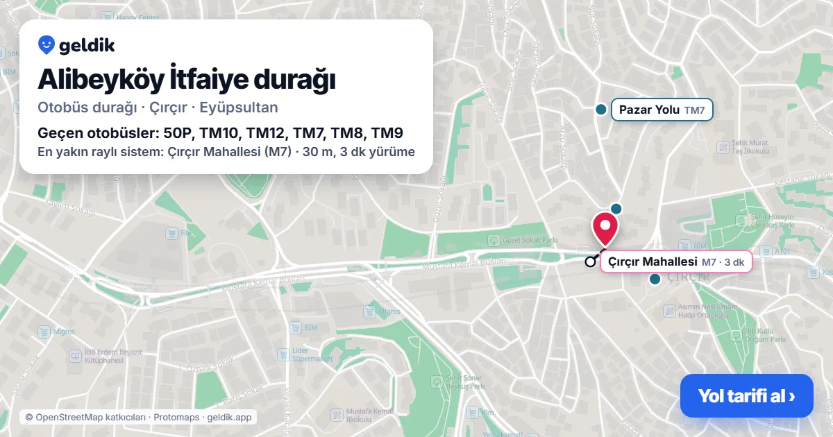 Alibeyköy İtfaiye otobüs durağı haritada: konumu ve yakındaki duraklar