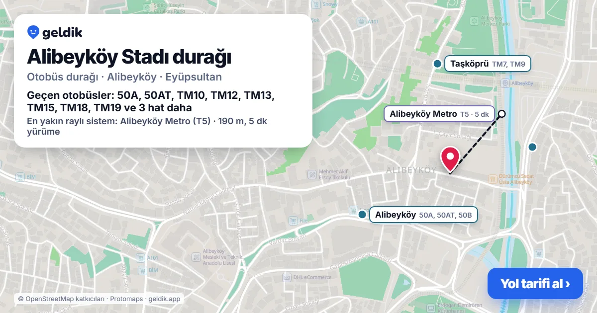 Alibeyköy Stadı otobüs durağı haritada: konumu ve yakındaki duraklar