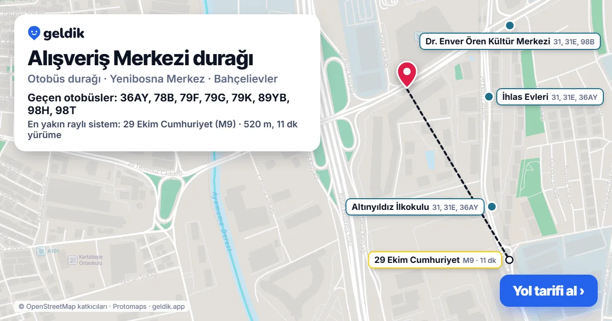 Alışveriş Merkezi otobüs durağı haritada: konumu ve yakındaki duraklar