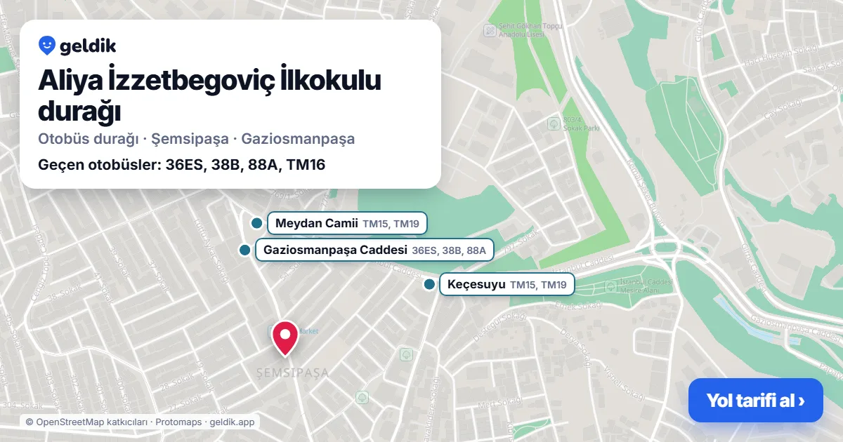 Aliya İzzetbegoviç İlkokulu otobüs durağı haritada: konumu ve yakındaki duraklar