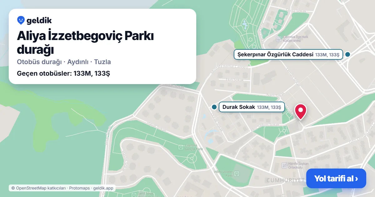 Aliya İzzetbegoviç Parkı otobüs durağı haritada: konumu ve yakındaki duraklar