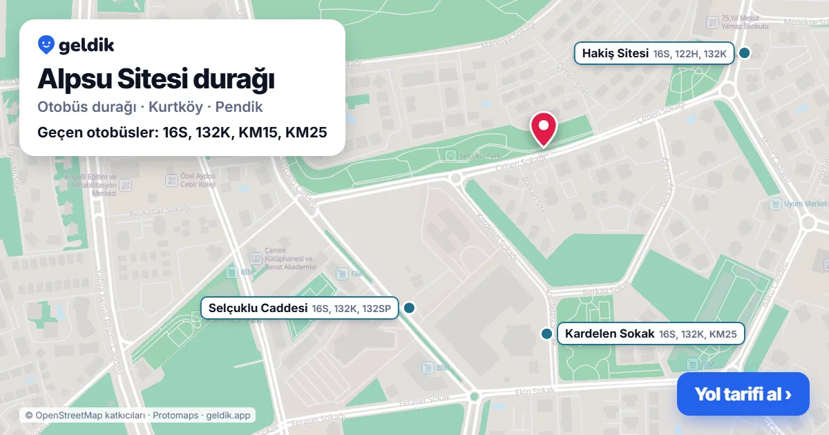 Alpsu Sitesi otobüs durağı haritada: konumu ve yakındaki duraklar