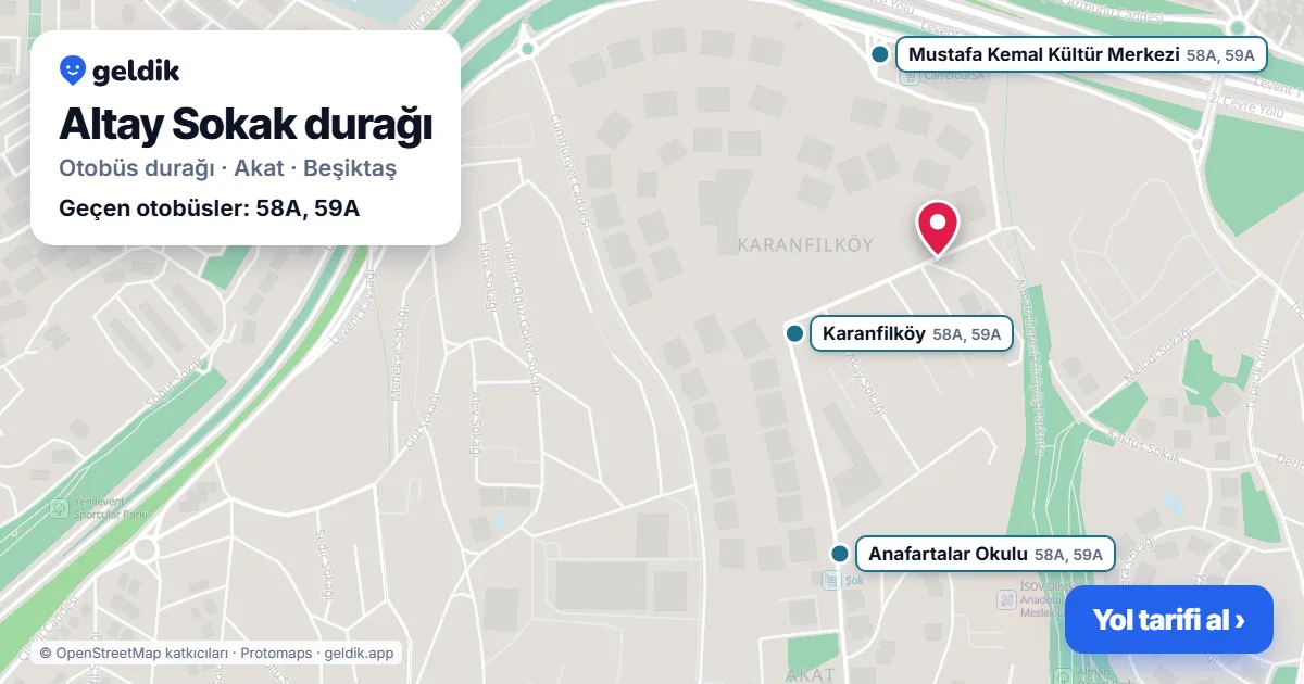 Altay Sokak otobüs durağı haritada: konumu ve yakındaki duraklar