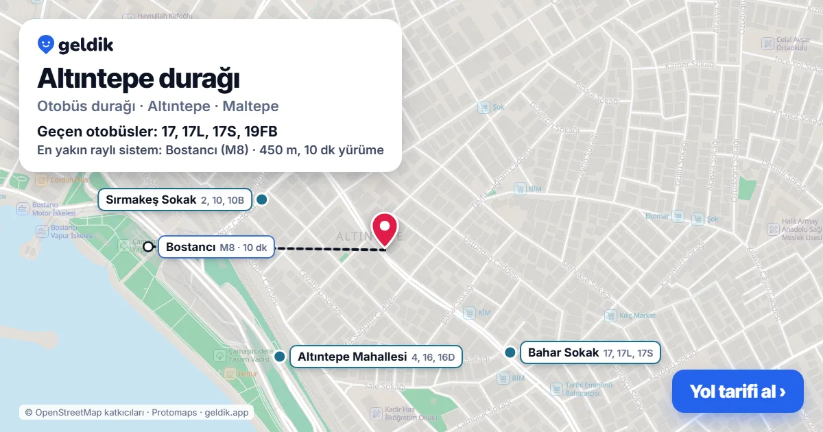 Altıntepe otobüs durağı haritada: konumu ve yakındaki duraklar