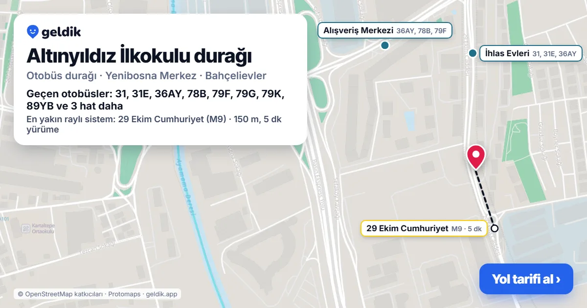 Altınyıldız İlkokulu otobüs durağı haritada: konumu ve yakındaki duraklar
