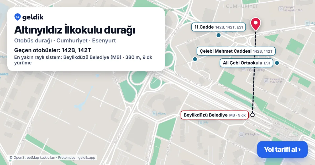 Altınyıldız İlkokulu otobüs durağı haritada: konumu ve yakındaki duraklar