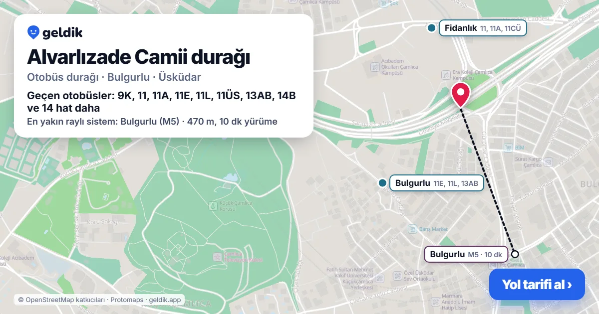 Alvarlızade Camii otobüs durağı haritada: konumu ve yakındaki duraklar
