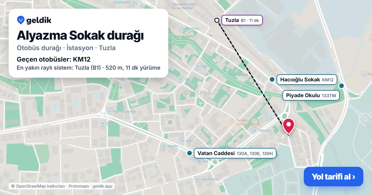 Alyazma Sokak otobüs durağı haritada: konumu ve yakındaki duraklar