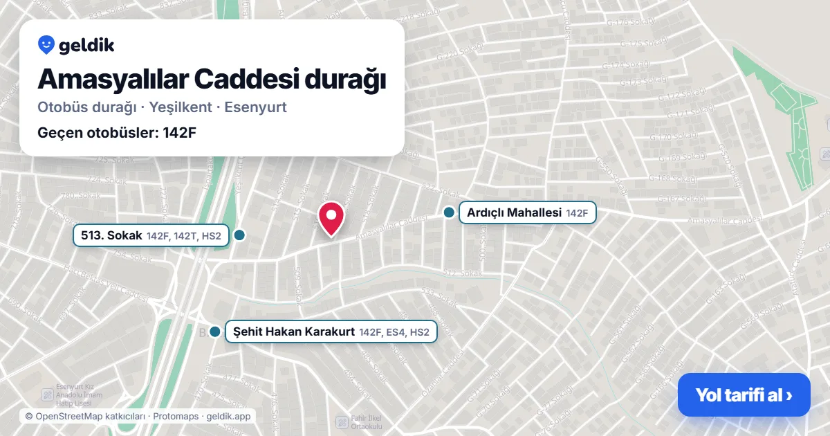 Amasyalılar Caddesi otobüs durağı haritada: konumu ve yakındaki duraklar
