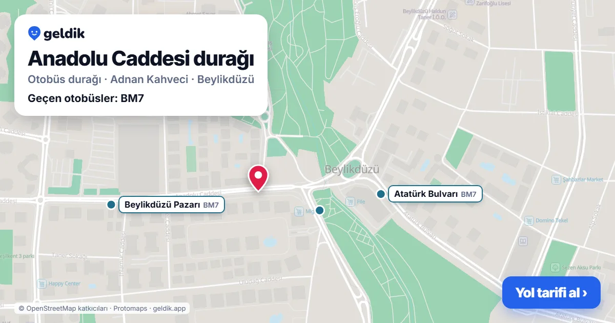 Anadolu Caddesi otobüs durağı haritada: konumu ve yakındaki duraklar