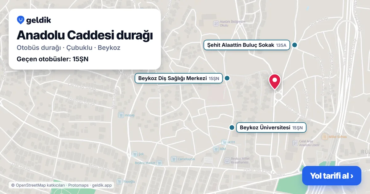 Anadolu Caddesi otobüs durağı haritada: konumu ve yakındaki duraklar