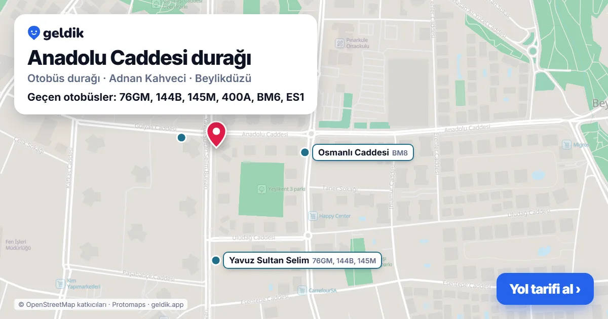 Anadolu Caddesi otobüs durağı haritada: konumu ve yakındaki duraklar