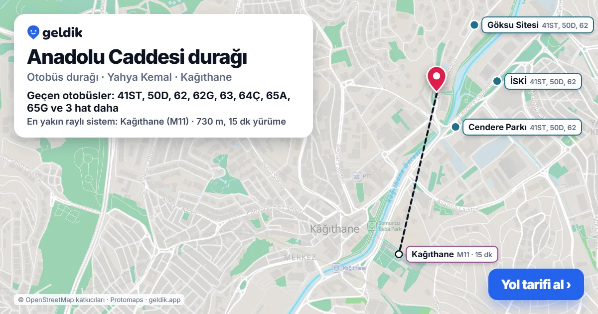 Anadolu Caddesi otobüs durağı haritada: konumu ve yakındaki duraklar