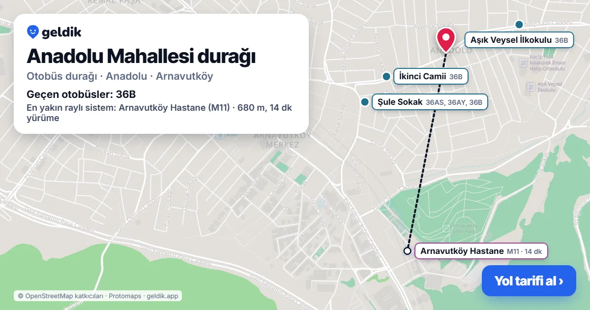 Anadolu Mahallesi otobüs durağı haritada: konumu ve yakındaki duraklar