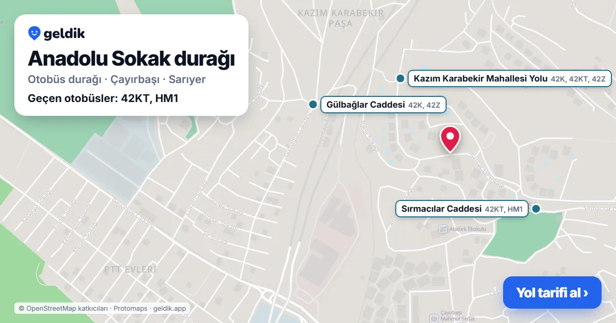 Anadolu Sokak otobüs durağı haritada: konumu ve yakındaki duraklar