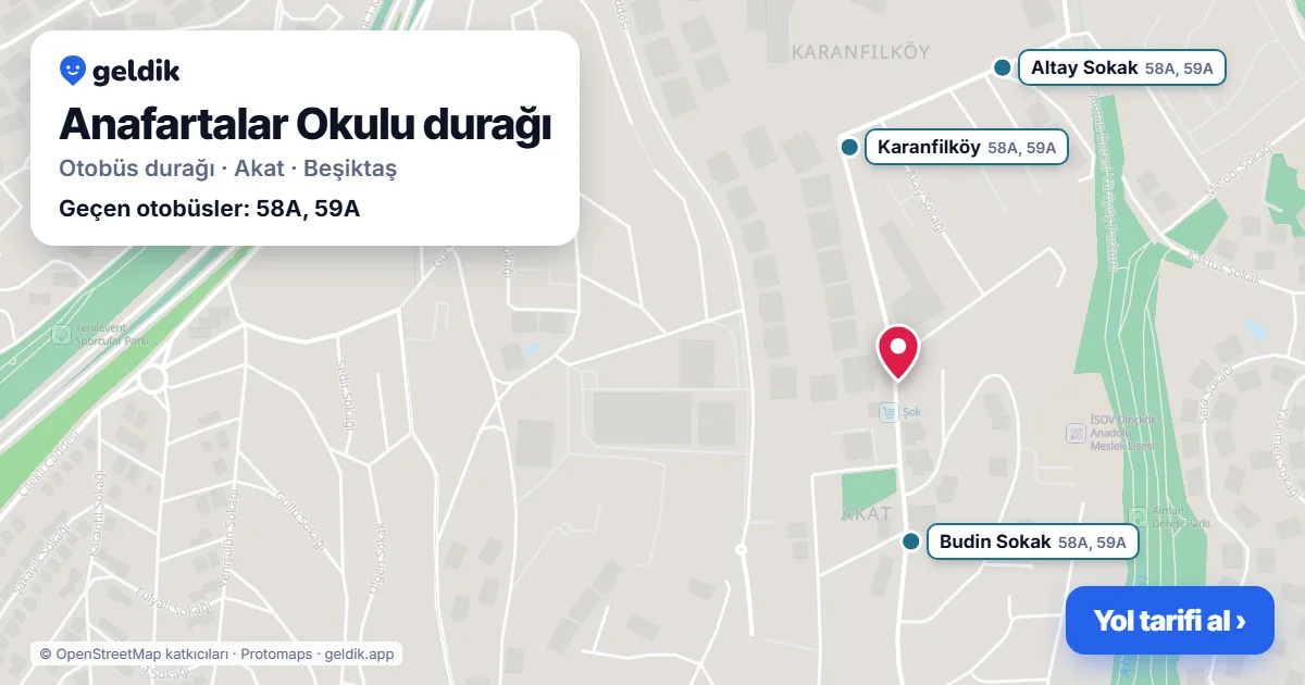 Anafartalar Okulu otobüs durağı haritada: konumu ve yakındaki duraklar