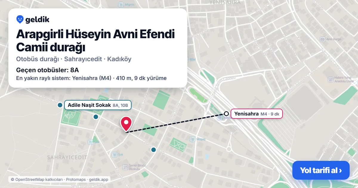 Arapgirli Hüseyin Avni Efendi Camii otobüs durağı haritada: konumu ve yakındaki duraklar