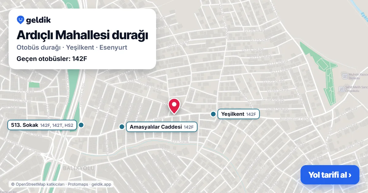 Ardıçlı Mahallesi otobüs durağı haritada: konumu ve yakındaki duraklar