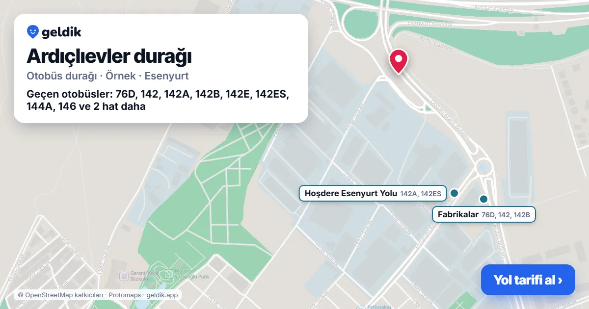 Ardıçlıevler otobüs durağı haritada: konumu ve yakındaki duraklar