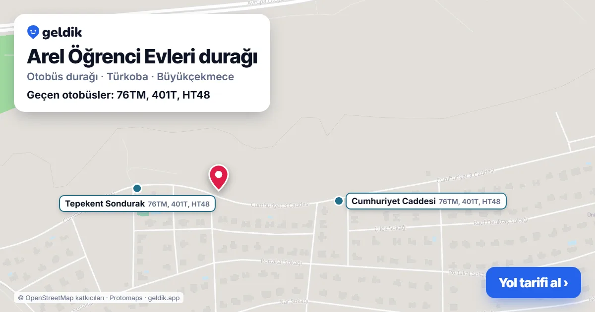 Arel Öğrenci Evleri otobüs durağı haritada: konumu ve yakındaki duraklar