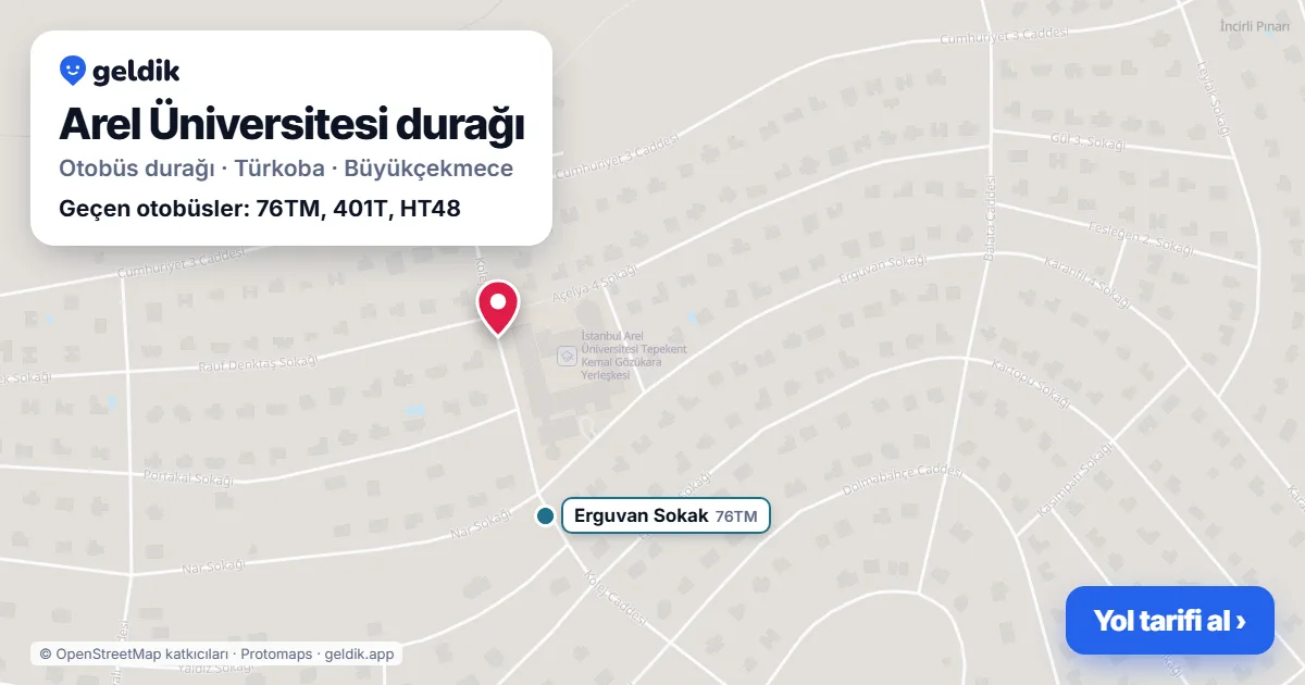 Arel Üniversitesi otobüs durağı haritada: konumu ve yakındaki duraklar