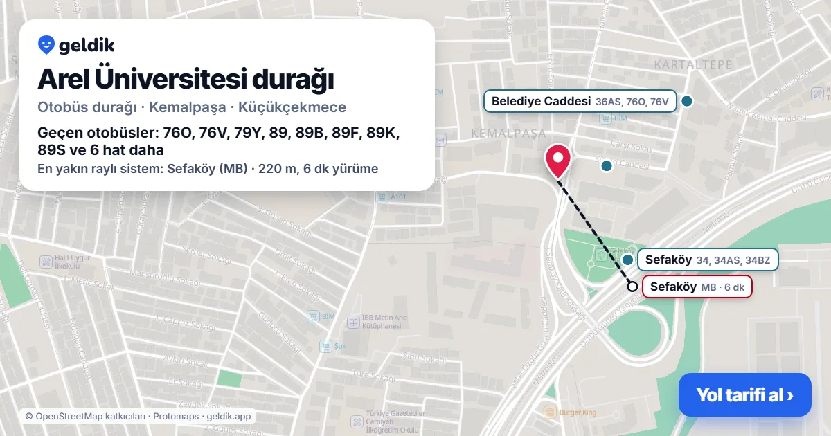 Arel Üniversitesi otobüs durağı haritada: konumu ve yakındaki duraklar