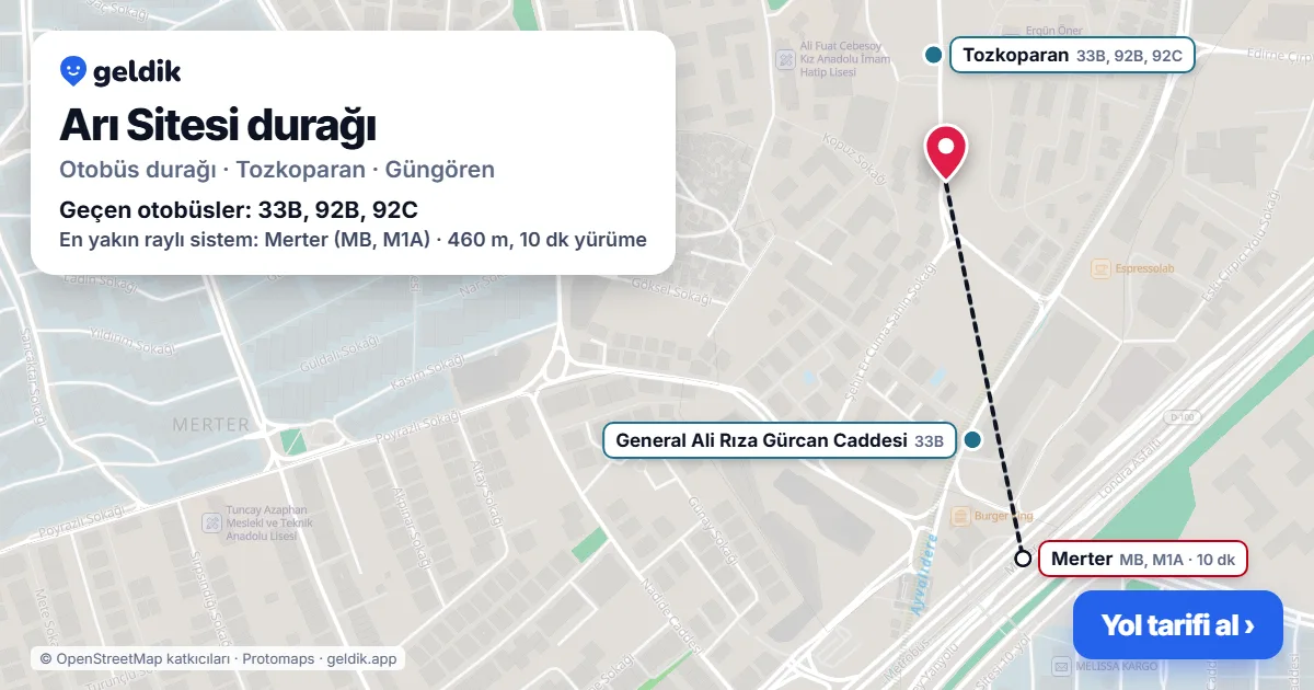 Arı Sitesi otobüs durağı haritada: konumu ve yakındaki duraklar