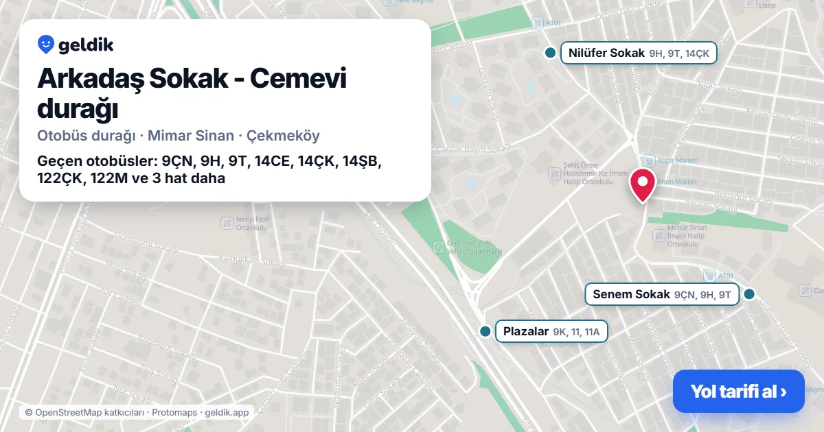 Arkadaş Sokak - Cemevi otobüs durağı haritada: konumu ve yakındaki duraklar