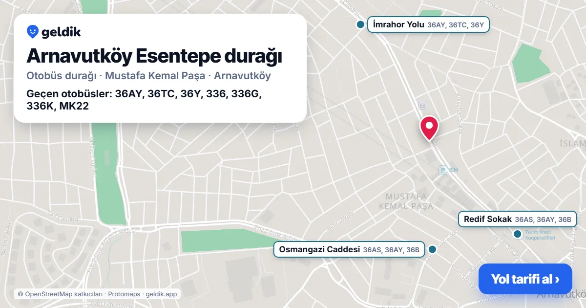 Arnavutköy Esentepe otobüs durağı haritada: konumu ve yakındaki duraklar
