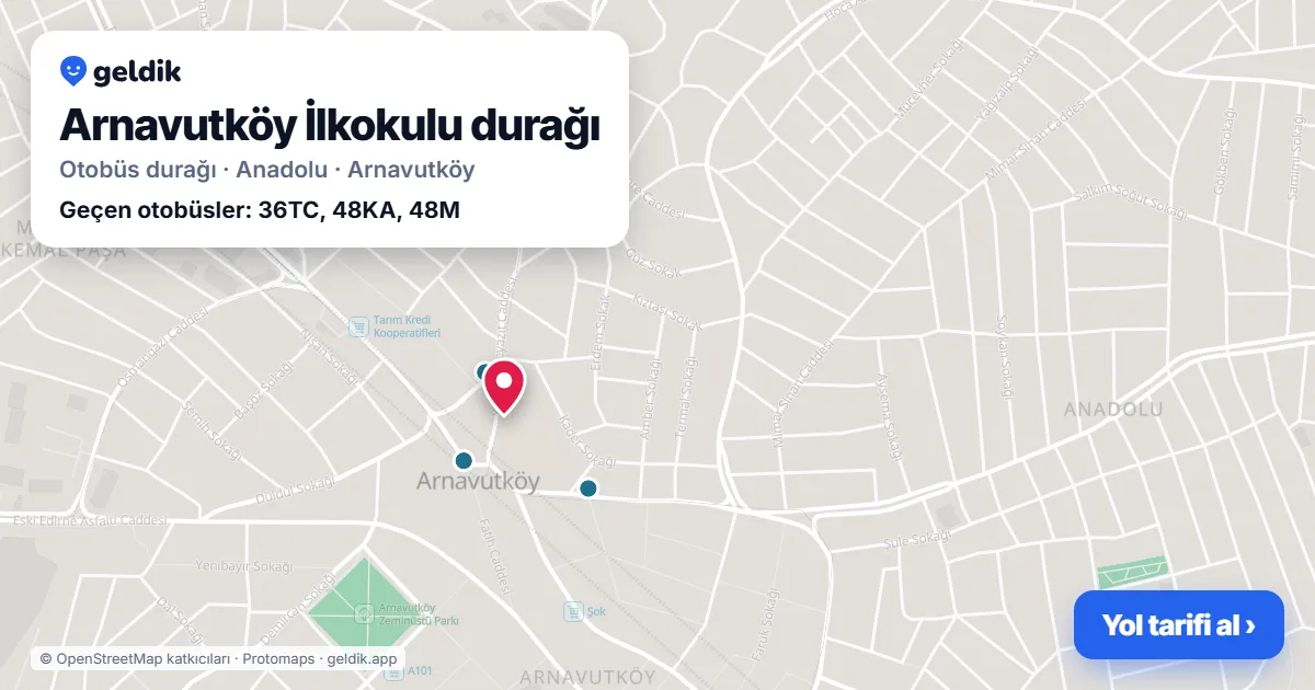Arnavutköy İlkokulu otobüs durağı haritada: konumu ve yakındaki duraklar