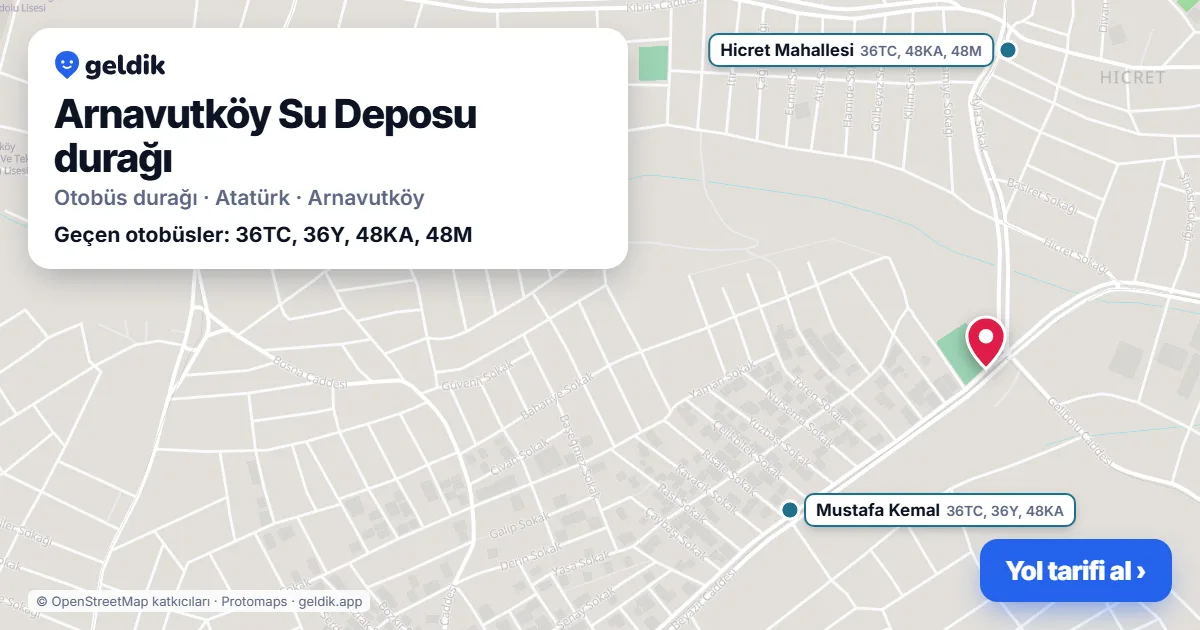 Arnavutköy Su Deposu otobüs durağı haritada: konumu ve yakındaki duraklar