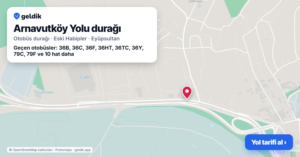 Arnavutköy Yolu otobüs durağı haritada: konumu ve yakındaki duraklar