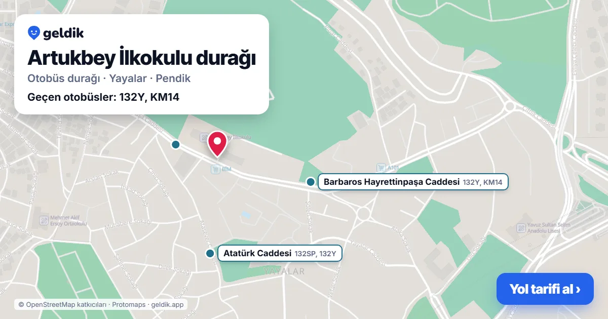 Artukbey İlkokulu otobüs durağı haritada: konumu ve yakındaki duraklar