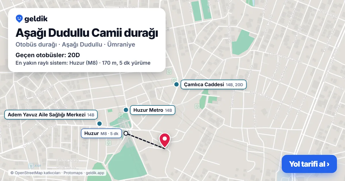 Aşağı Dudullu Camii otobüs durağı haritada: konumu ve yakındaki duraklar