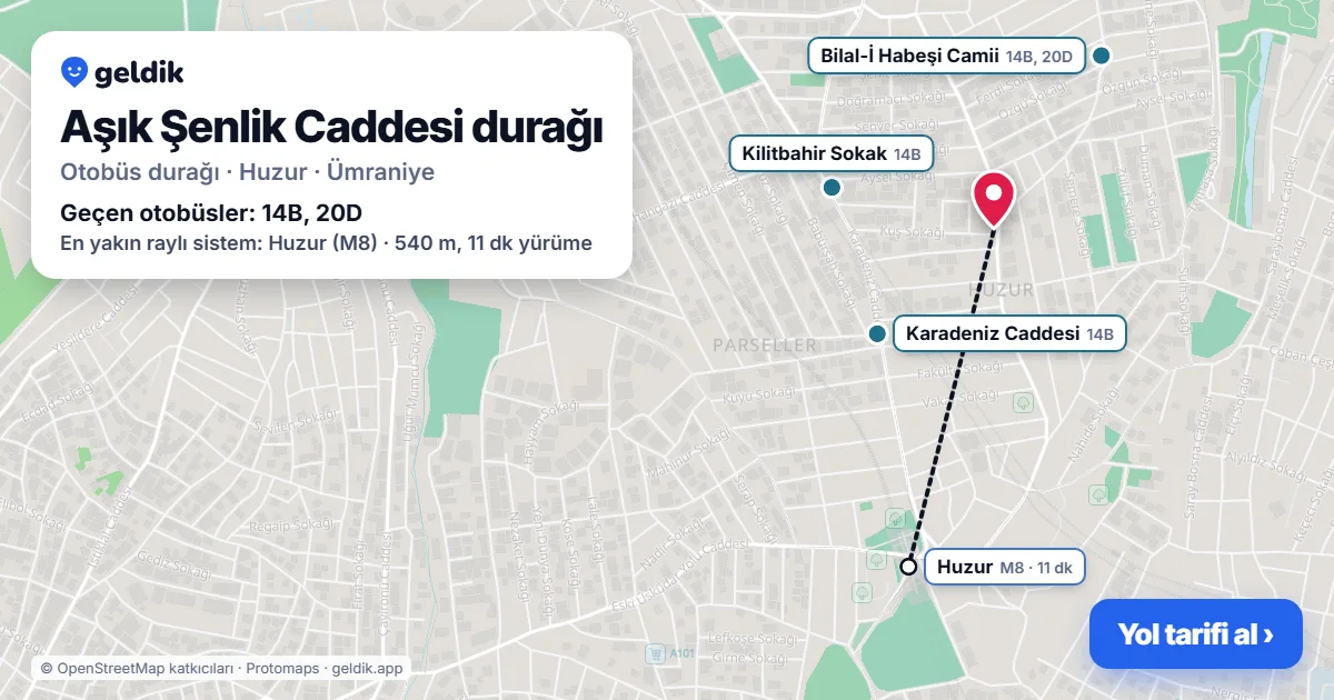Aşık Şenlik Caddesi otobüs durağı haritada: konumu ve yakındaki duraklar