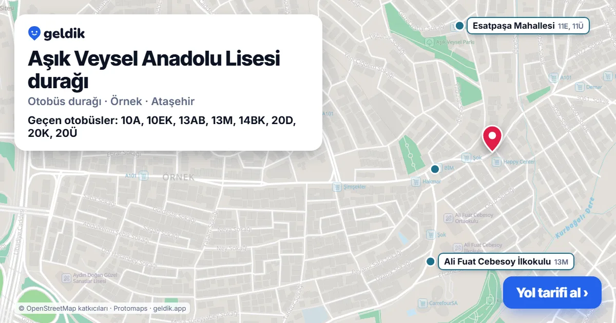 Aşık Veysel Anadolu Lisesi otobüs durağı haritada: konumu ve yakındaki duraklar
