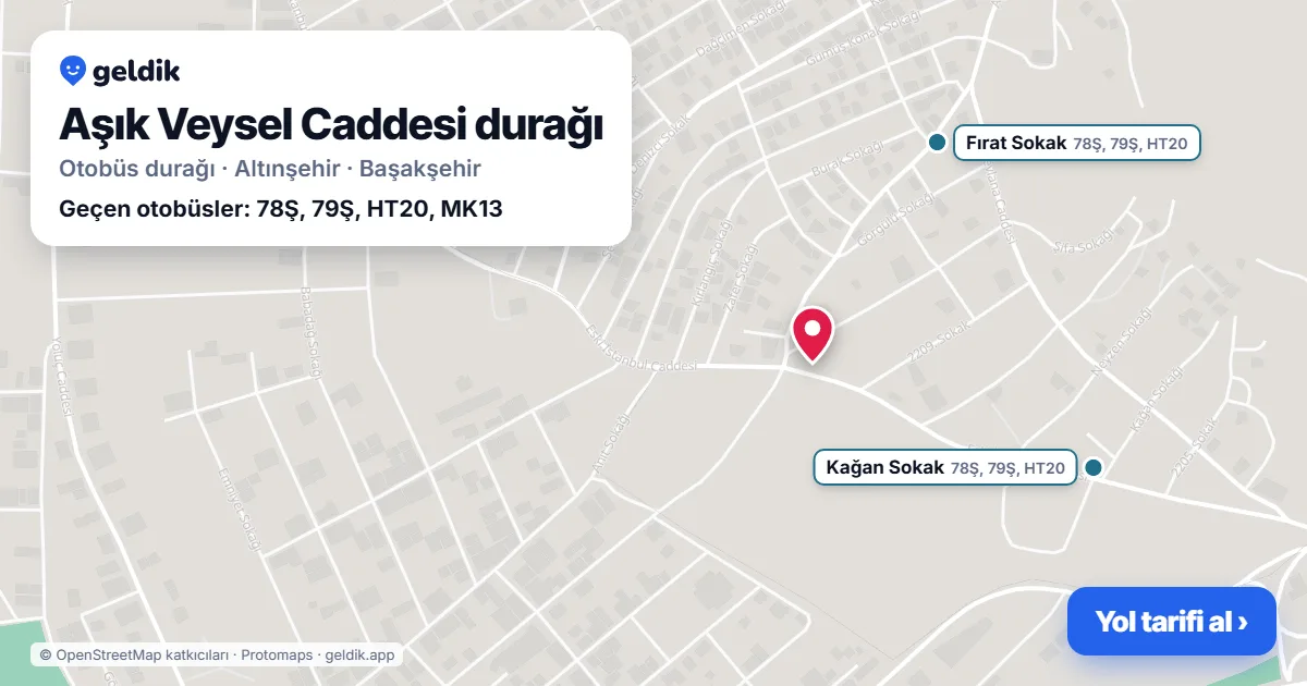 Aşık Veysel Caddesi otobüs durağı haritada: konumu ve yakındaki duraklar