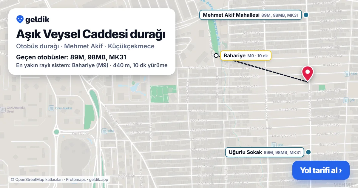 Aşık Veysel Caddesi otobüs durağı haritada: konumu ve yakındaki duraklar