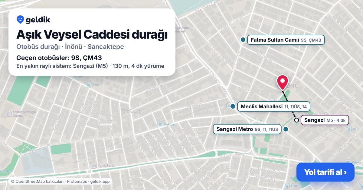 Aşık Veysel Caddesi otobüs durağı haritada: konumu ve yakındaki duraklar